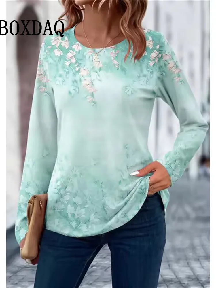 2024 camiseta feminina impressão 3d floral folha design manga longa casual diário fim de semana moda topo solto o-pescoço primavera outono roupas