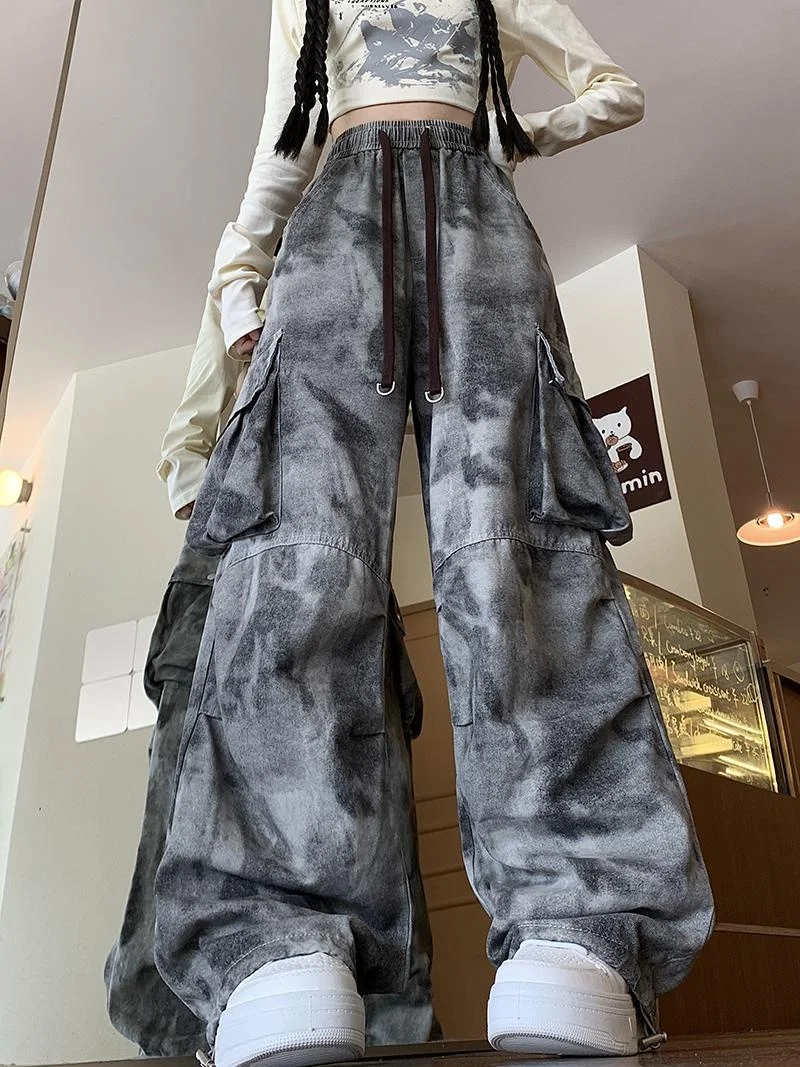 

Casual Tie-Dye Work Pants High Waist Loose Wide Leg Floor-Length Hip Hop Street Sle Spring Autumn Trendy Brand Men Women