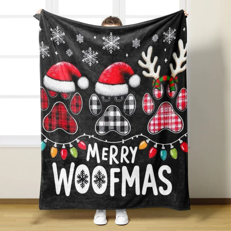 2D Flat Printing, 1pc Christmas Fun Cute Pet-Style Blanket, Printed with Plaid Pet Paw Prints, Christmas Hat, Reindeer Antlers,