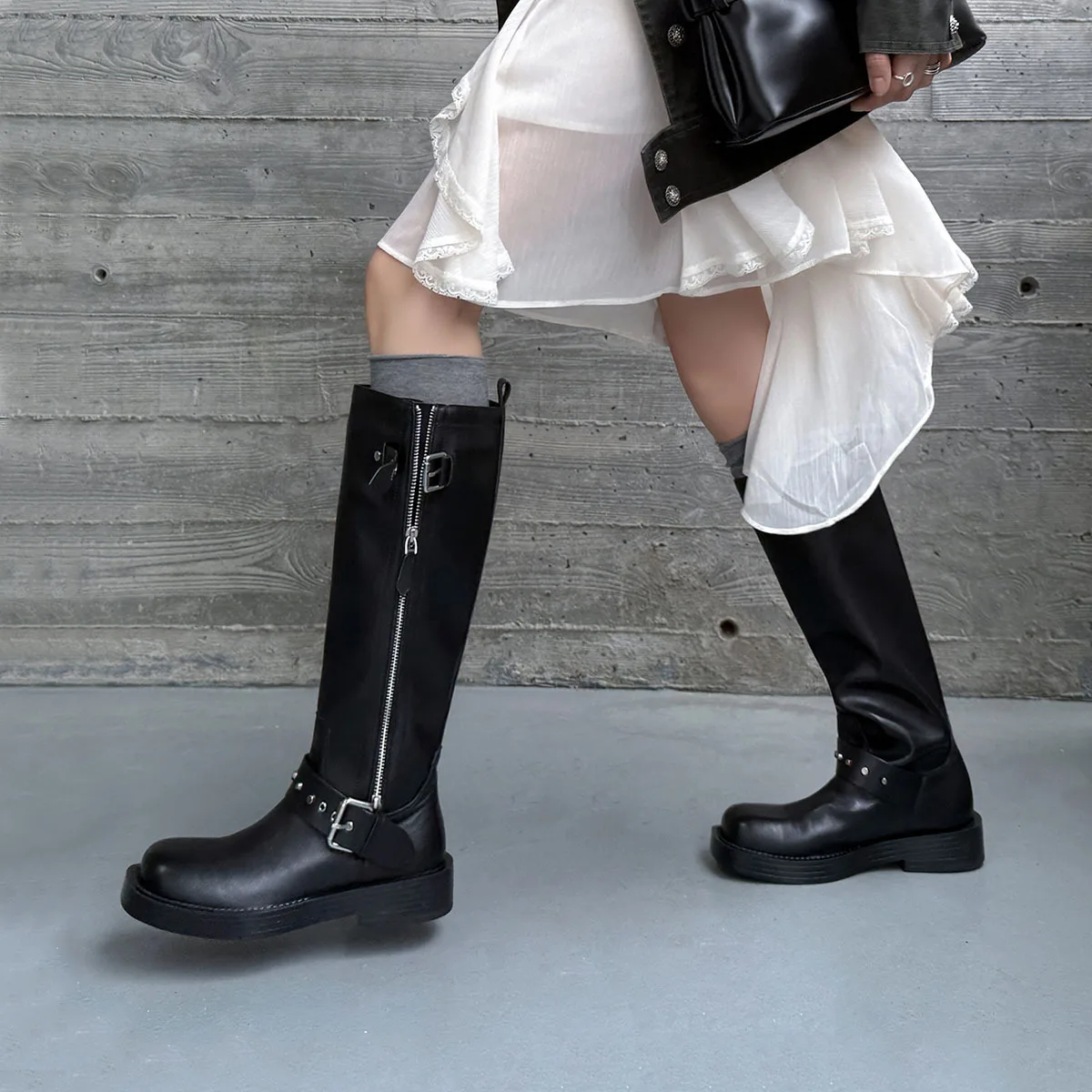 

Arden Furtado Autumn Black cowhide Riding boots Square toe Side zipper Middle heel Knee high boots Belt buckle Women's Boots