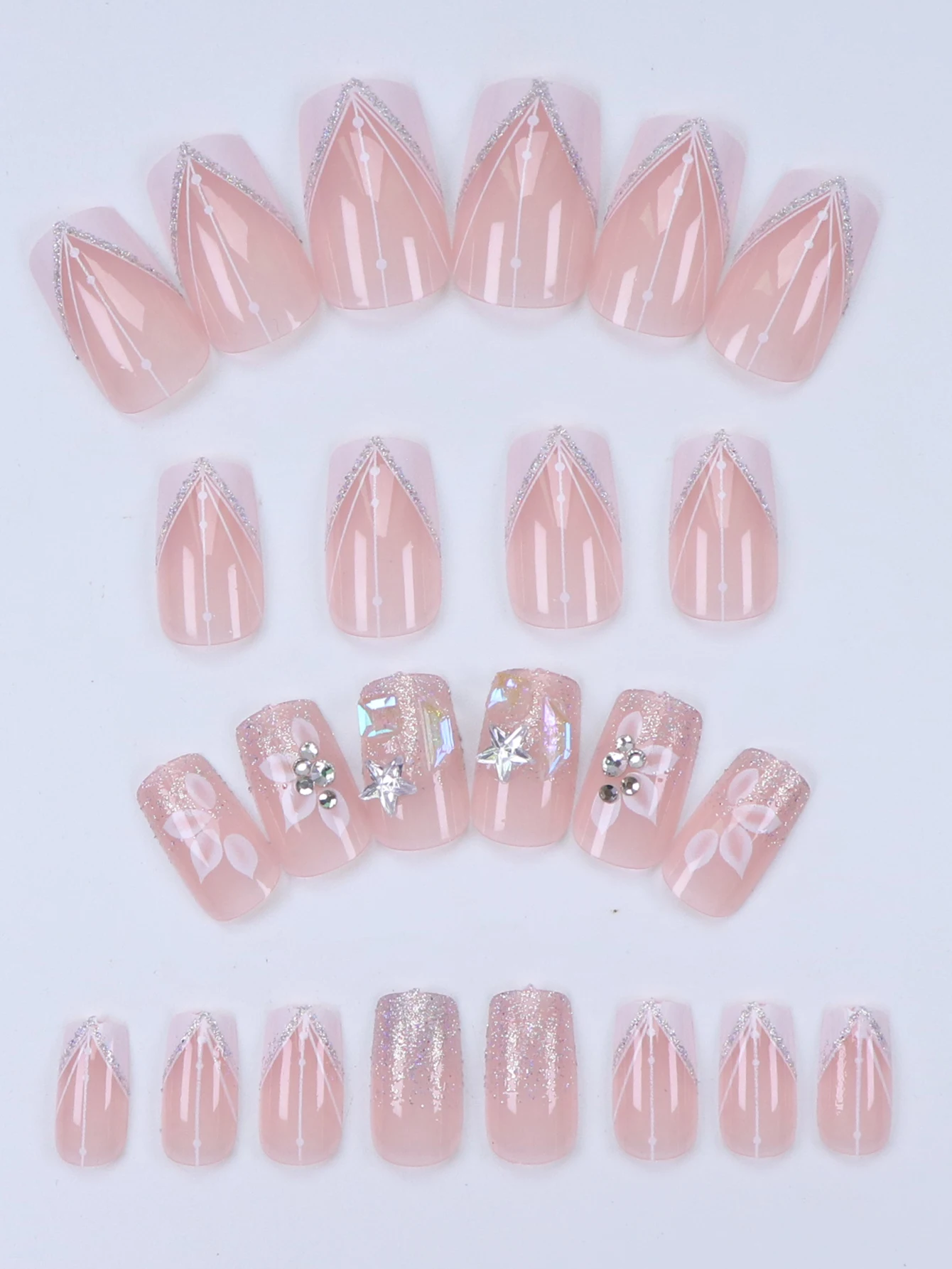 24 pièces français flash bordure blanche fleur de cerisier strass faux ongles ensemble d'ongles blanchissant avec faux ongles détachables pour le Festival