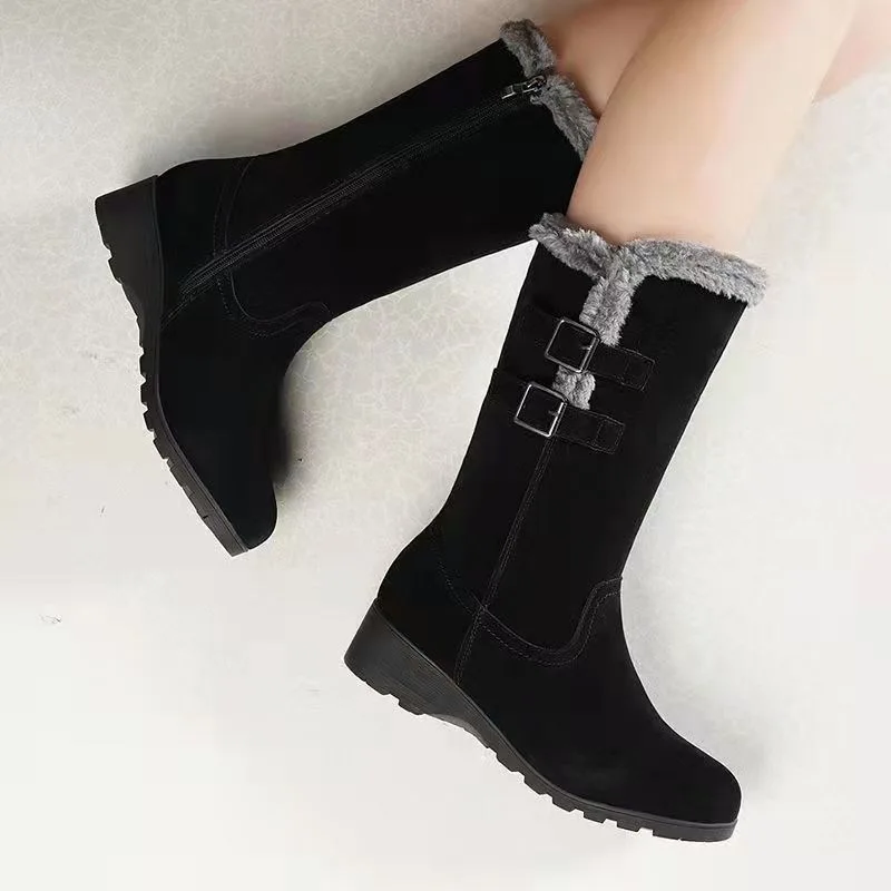 High Boots Women Warm Plush Suede Ladies Long Boots Comfortable Winter Female Wedge Cotton Shoes Mid-calf Fur Zapatos Mujer 2022