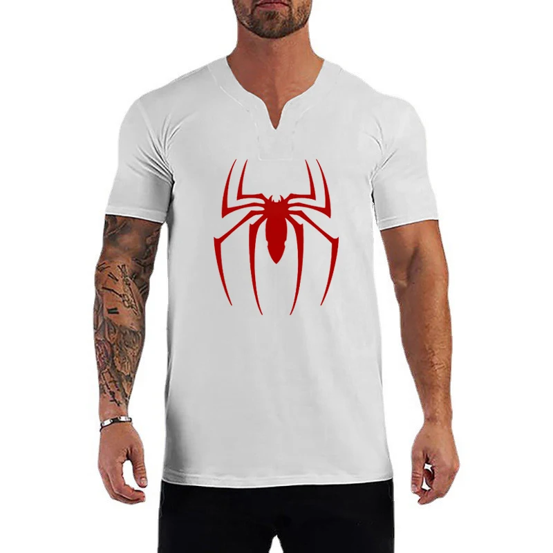 Fashion Red Spider Printed Gym Bodybuilding Casual V-neck T-shirts Summer Cotton Breathable Short Sleeve Mens Fitness Shirts