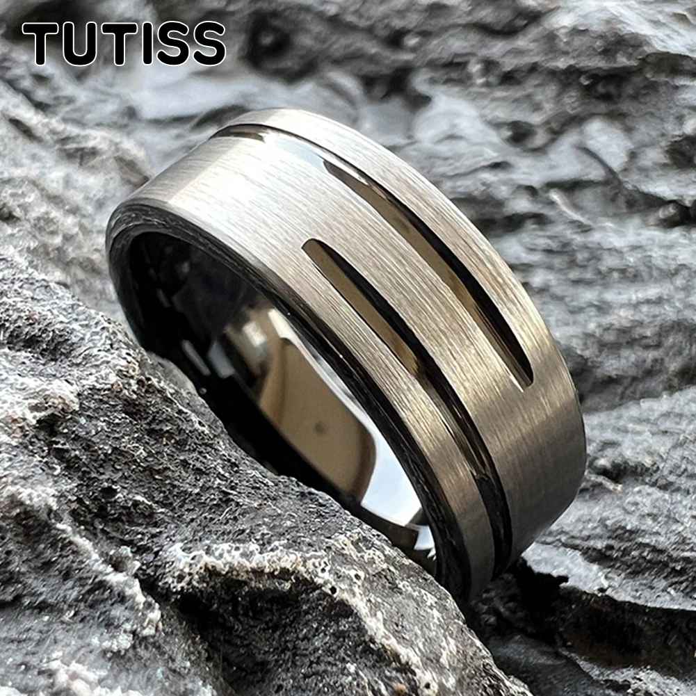 Dropshipping TUTISS Mens Womens Flat Tungsten Wedding Band Fashion Ring Unique Groove Brush Finish 8MM Comfort Fit