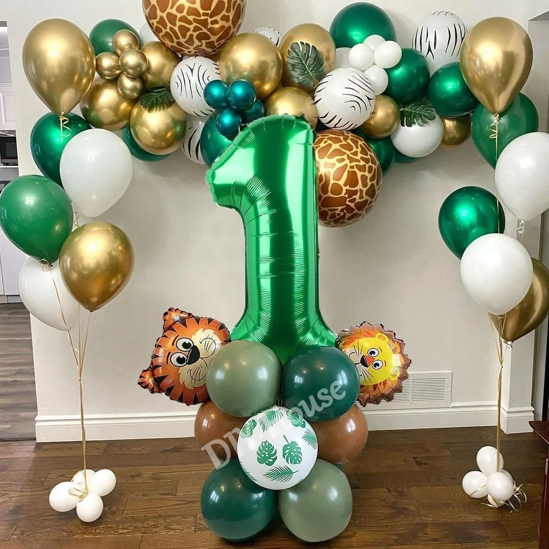 

26pcs Animal Balloon Tower with Green Number Balloon Carton Lion Monkey Foil Balloons Kids Jungle Safari Party Decorations