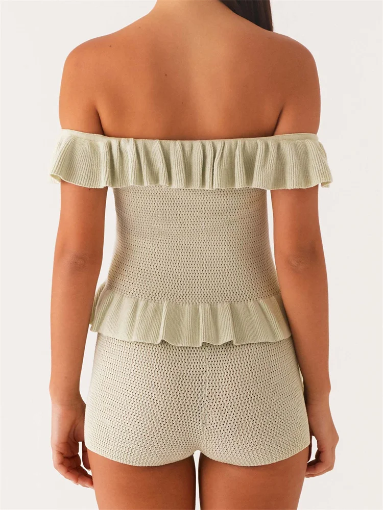 

CHRONSTYLE Women 2 Pieces Summer Outfits Ruffles Knitted Off-Shoulder Tie-up Shirts Tops and Elastic Shorts for Club Streetwear