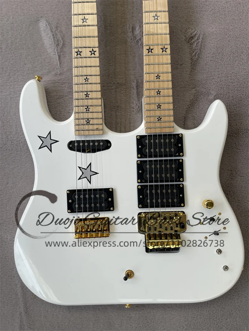 Double Neck guitar White body Maple fingerboard stars inlaid gold Tremolo bridge HHH pickup Kra Gitta factory custom