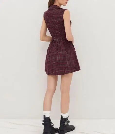 

Tailored Women's Dress with Summer Retro Style, Printed Lapel Button Front, Fashionable Lace Up Waist, Sleeveless Shirt Dress