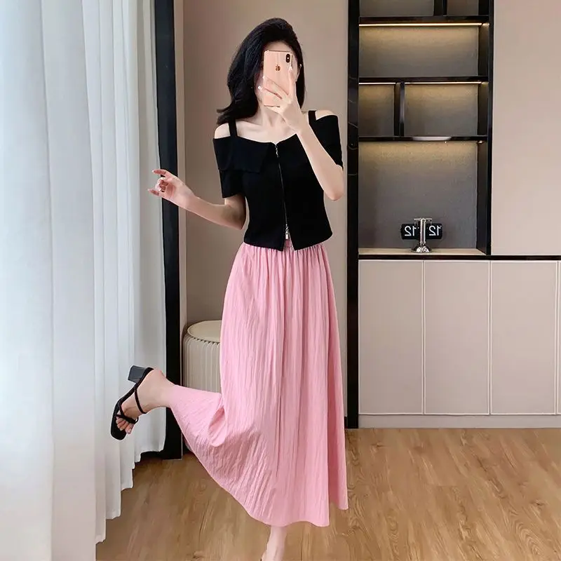 

Women's Two Skirt Piece Set Pink Y2k Clothes Elegant Casual Cheap Clothing Offers Trend 2025 Summer Female Outfits Short Sleeve