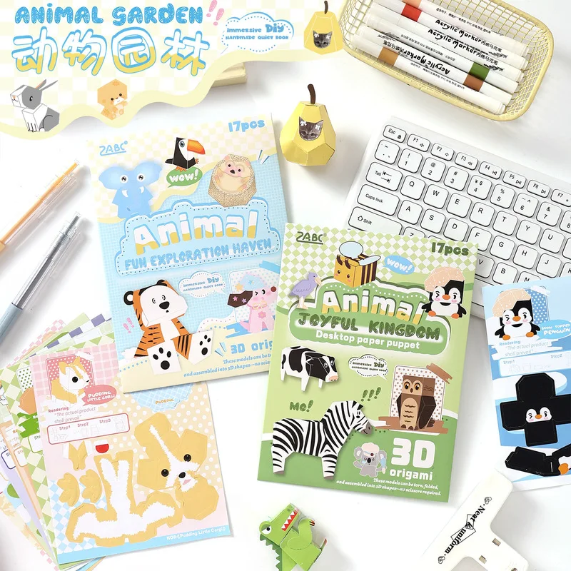17Pcs Kids DIY 3D Origami Paper Craft Set, Matte Coated Paper Cartoon Animal Paper Model, No-cut Handmade Kit for Journal Decora