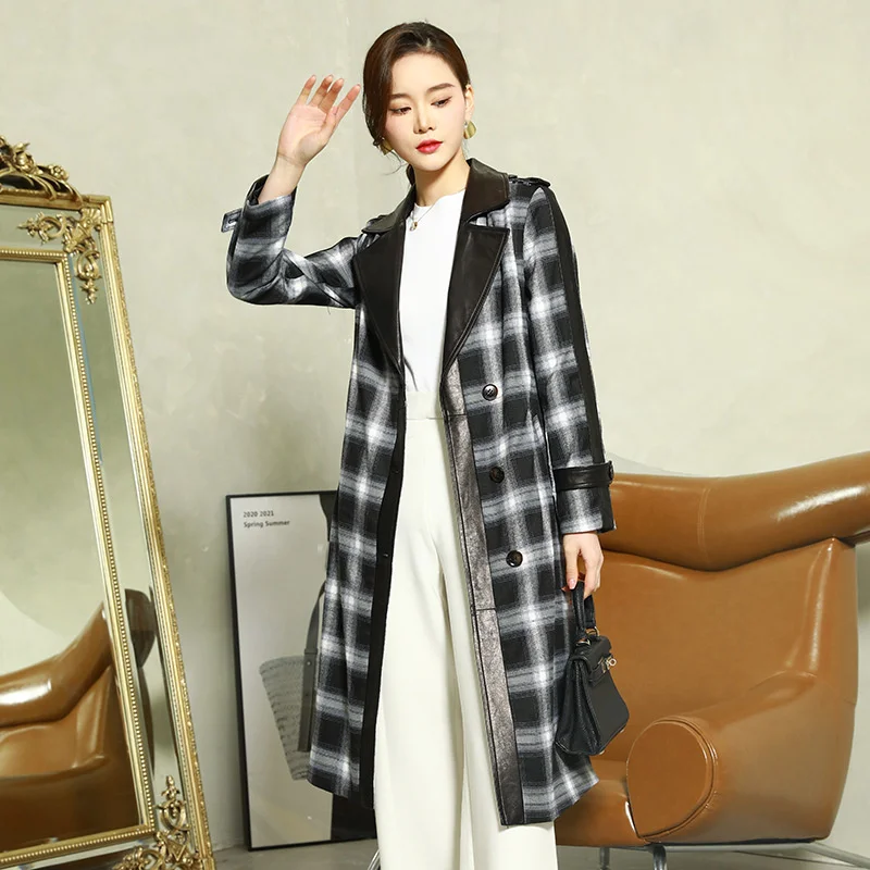 2024 Woolen Coat Women's Spring  New Sheepskin Spliced Woolen Fashion Slim Fit Mid length Windbreaker