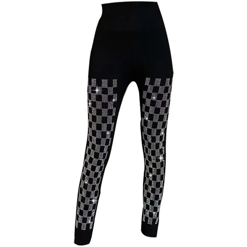 กางเกงเลกกิ้งเอวสูงทรงเข้ารูปผ้าฝ้าย รุ่นใหม่ ฤดูใบไม้ร่วง 2024  ขาเก้าส่วน ปลายขาเล็ก ประดับคริสตัลบริเวณหน้าท้อง...