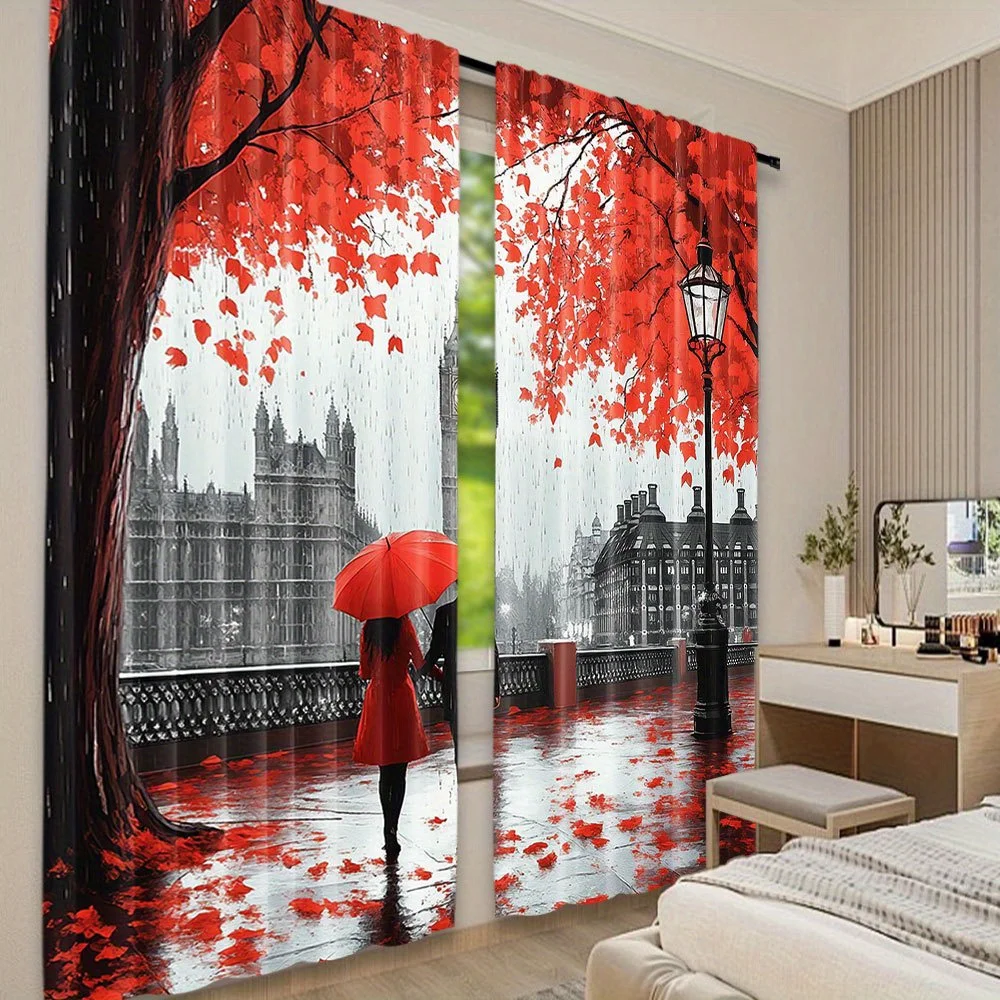 Romantic Autumn Red Leaves Curtains Fall Foliage Window Drapes London Street Scene Art Print Decor Tapestry for Home