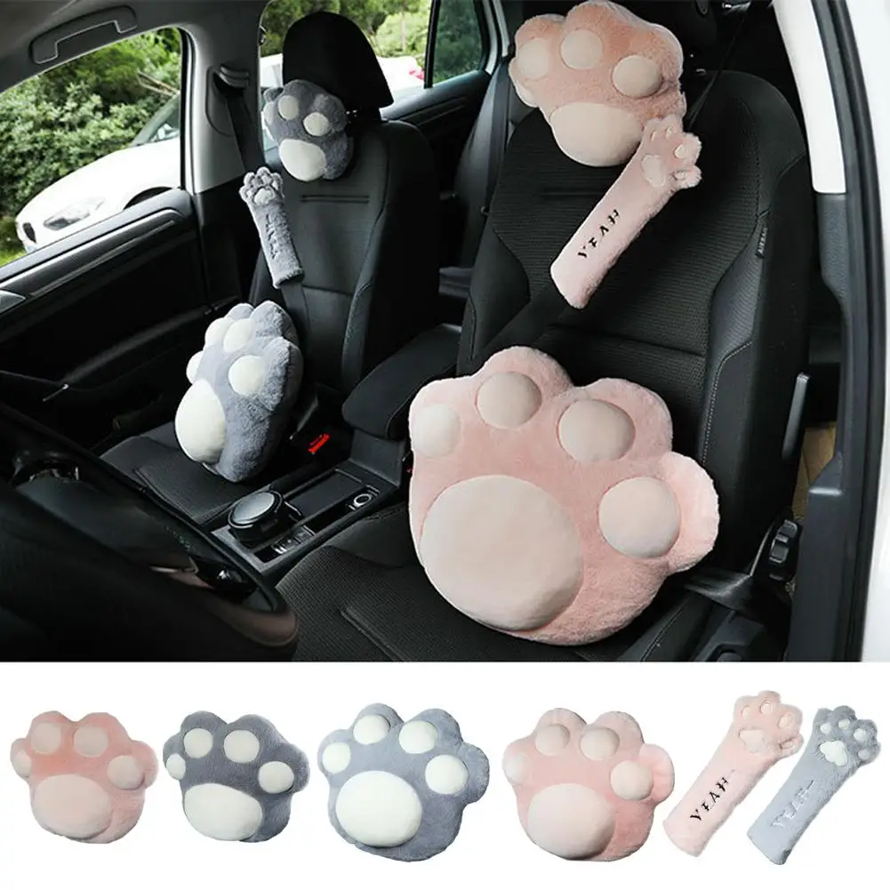 Cute Soft Pink Powder Girl Heart Cat Claws Plush Car Headrest Marshmallow Neck Pillow Cute Cushion Interior Accessories For Kids