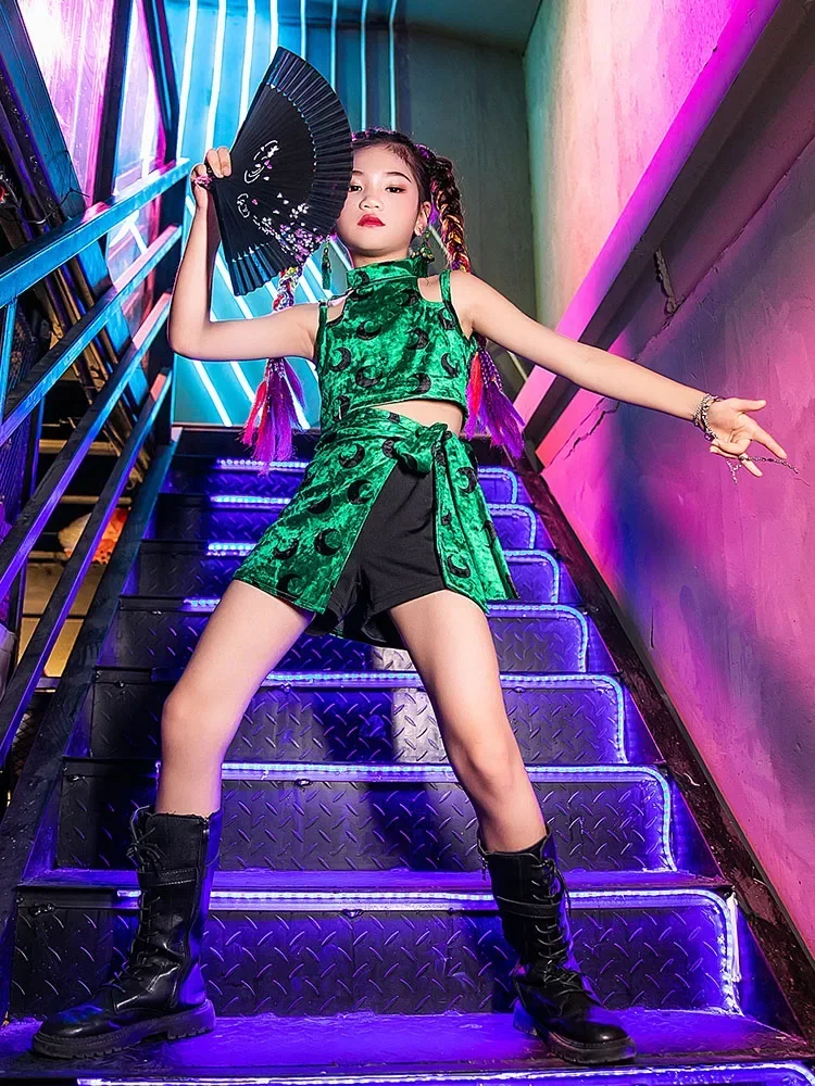 ZZL Children's Hip-hop Dance Suit K-pop Jazz Dance Children Performance Clothes Urban Dance Costume Green Color Moon Pattern