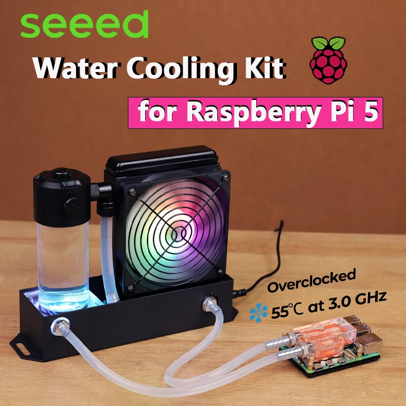 

Комплект водяного охлаждения для Raspberry Pi 5, закрывающий все источники тепла, контролирующий полностью загружен RPi 5, около 40 ℃ С RGB-подсветкой