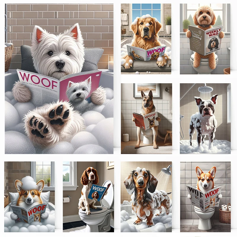 Póster divertido de perros Golden Retriever, Corgi, Cocker Spaniel en la bañera, cuadro decorativo para pared, lienzo para habitación, decoración del hogar
