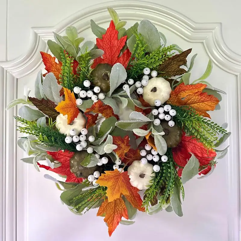 Autumn Simulation Pumpkin Wreath Artificial Fall Frost Leaf Pumpkin Door Wreaths For Halloween Front Door Home Decoration