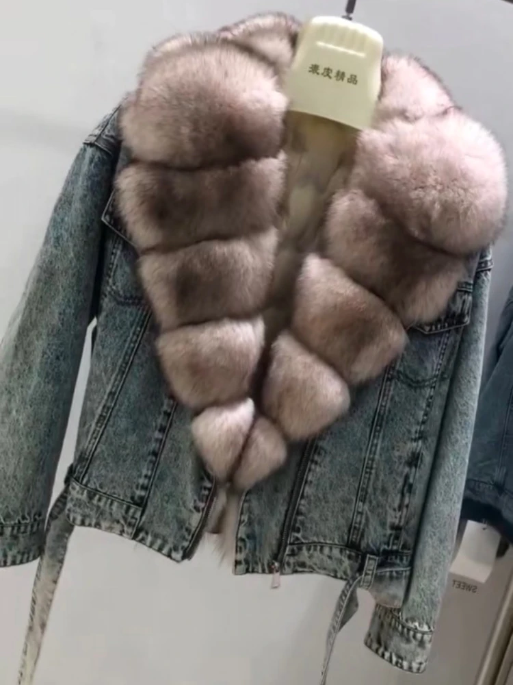 

2023 Hot Sales High-End 100% Real Fox Fur Collar Winter Jacket With Goose Down Liner Thick Warm Fashion Women Denim Overcoat