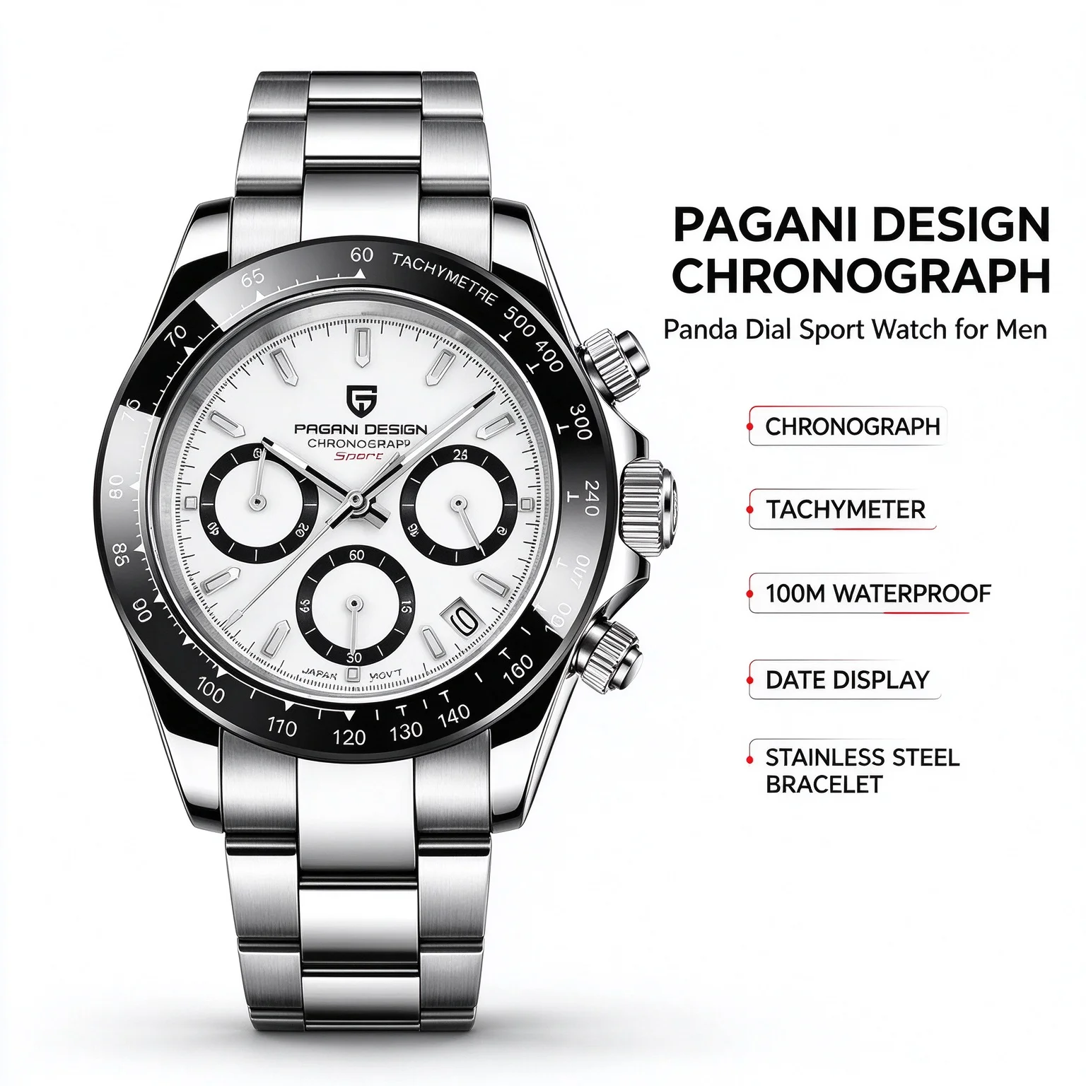 PAGANI DESIGN Men Chronograph Watch Classic Panda Dial Tachymeter Japanese Movement Date Stainless Steel Bracelet Sport Watches Gift Watch Quartz Wristwatch