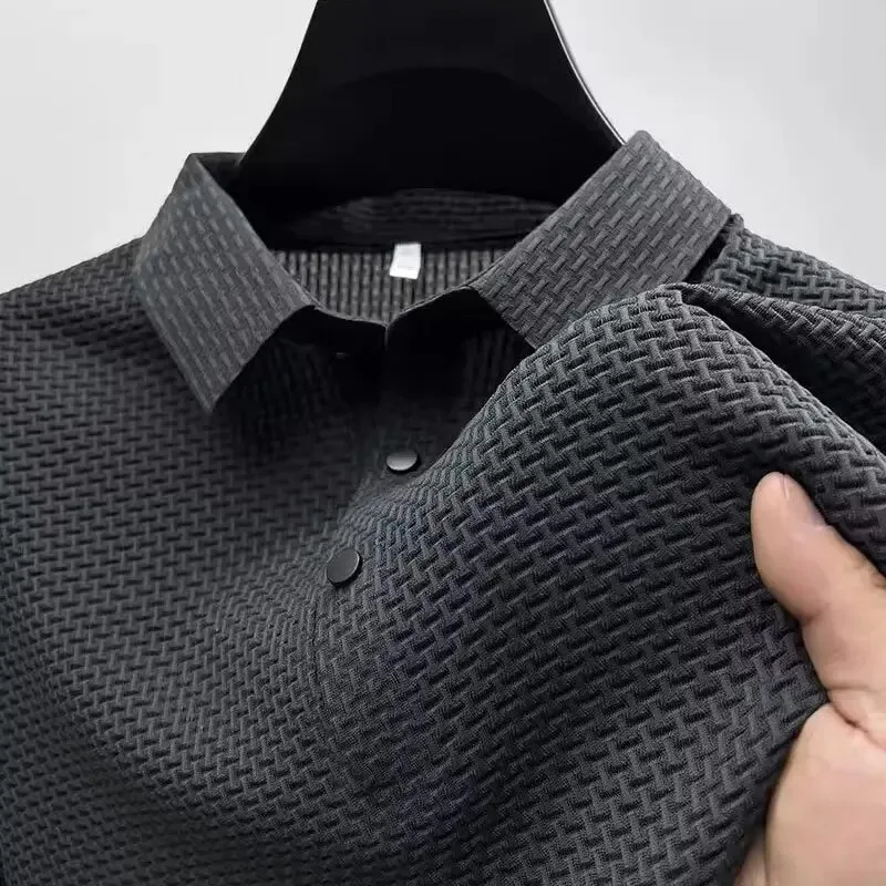 Summer  Men's Lop-up Hollow Short-sleeved Polo Tee Shirt Ice Silk Breathable Business Fashion T-Shirt Male Polo Shirts Clothes