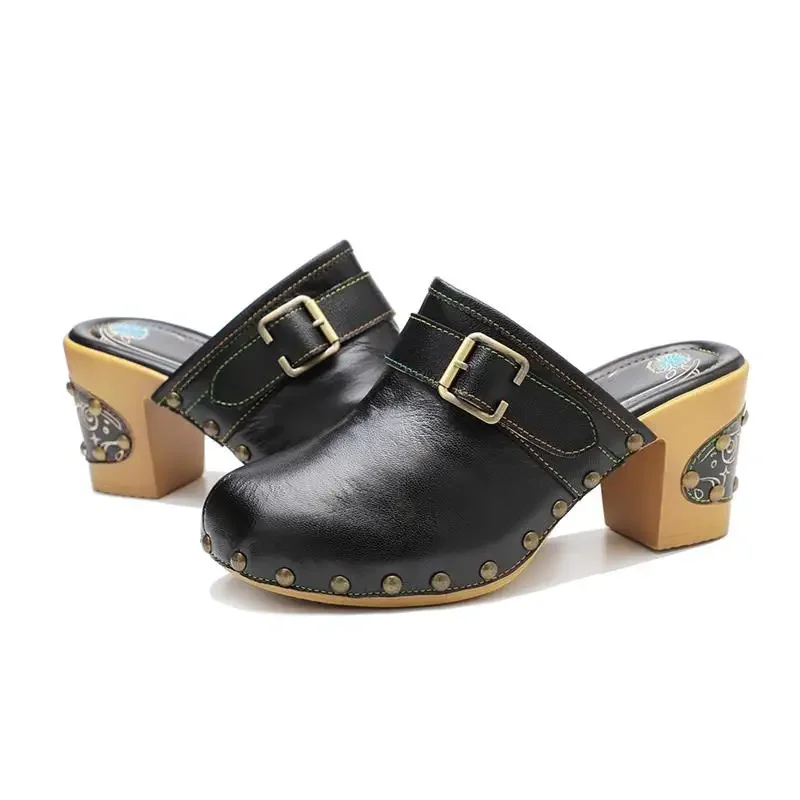 Shoes For Women Sandals Fashion Basic Ethnic Retro Genuine Leather Square heel 7.5CM Round Toe Casual Women Shoes 36-42