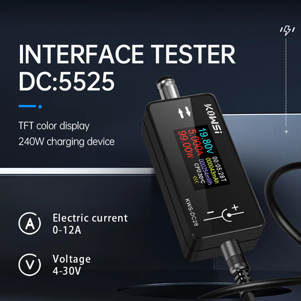 KWS-DC28 DC 5.5*2.5 Interface Tester Voltage Ammeter Power Meter TFT HD Digital Display Voltage Meter DC 4~30V 0~12A 5V 12V 24V