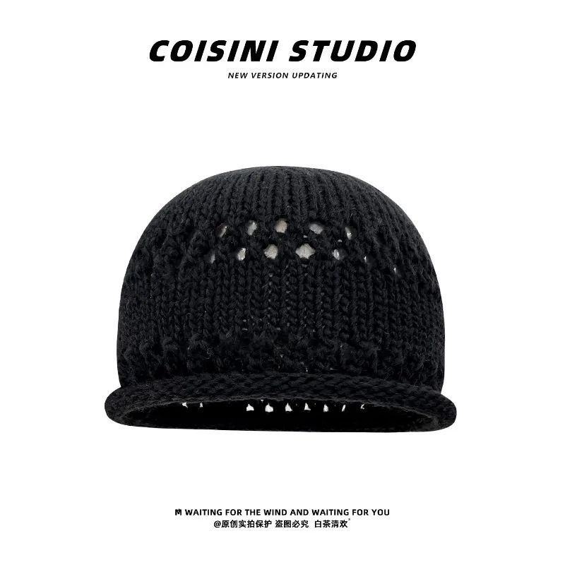Koreanische Einfarbige Gekräuselte Hohle Strickmütze für Damen, Herbst- und Wintermode, Vielseitige Kuppel-Beanie-Mütze – Detail 5