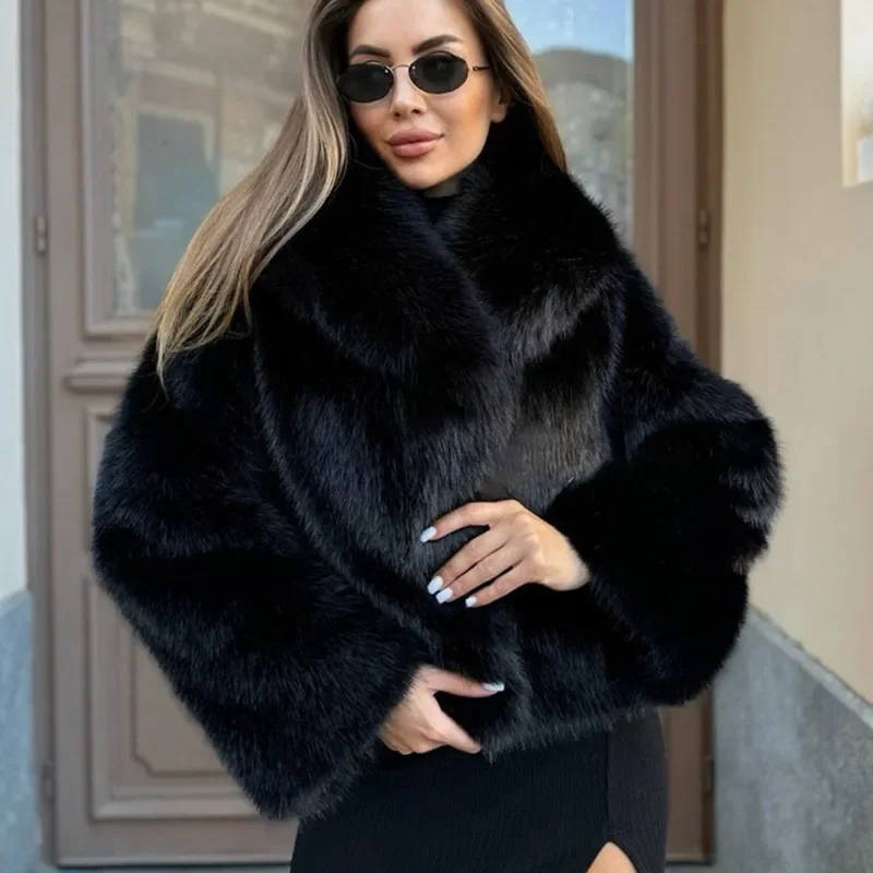 

Women Warm Long Sleeve Turn Down Collar Coats Chic Loose Jacket Street Outwear Female Winter Thicken Faux Fur Coats