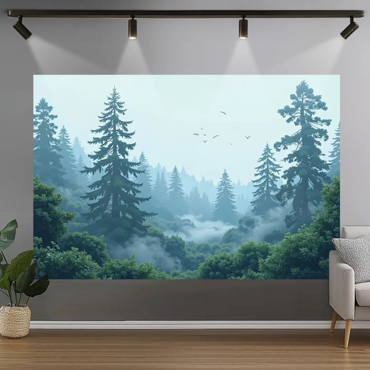 Misty Pine Forest Tapestry Polyester Green Foliage Foggy Woods Wall Hanging Boho Wedding Party Home Garden Decor