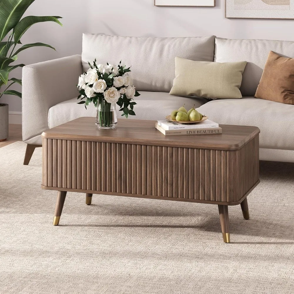 Mesa de centro elevatória com prateleira de armazenamento e compartimento oculto, mesa de jantar retangular canelada moderna de meados do século para sala de estar,