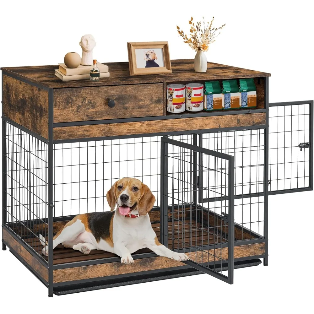 

Dog Crate Furniture, 38.8 Inch Dog Kennel with Storage Drawer, Double Doors Heavy Duty Dog Cage with Removable Tray, Indoor Woo