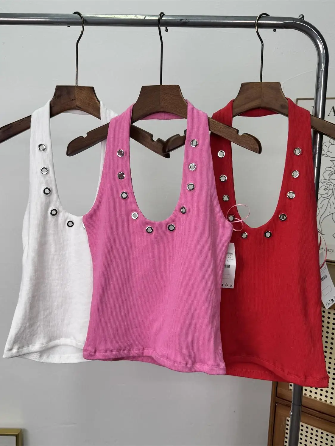 WMXZ Summer Waed out Pink Svel Vest Ne Hanging Sle Retro Trendy Women's Tank Top Commute Sle ort Length