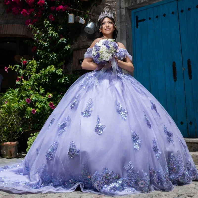فساتين Quinceanera لامعة من الخزامى قبالة الكتف مزين بالترتر والدانتيل مطرز بالخرز TTull فستان حفلة عيد ميلاد حلو 16