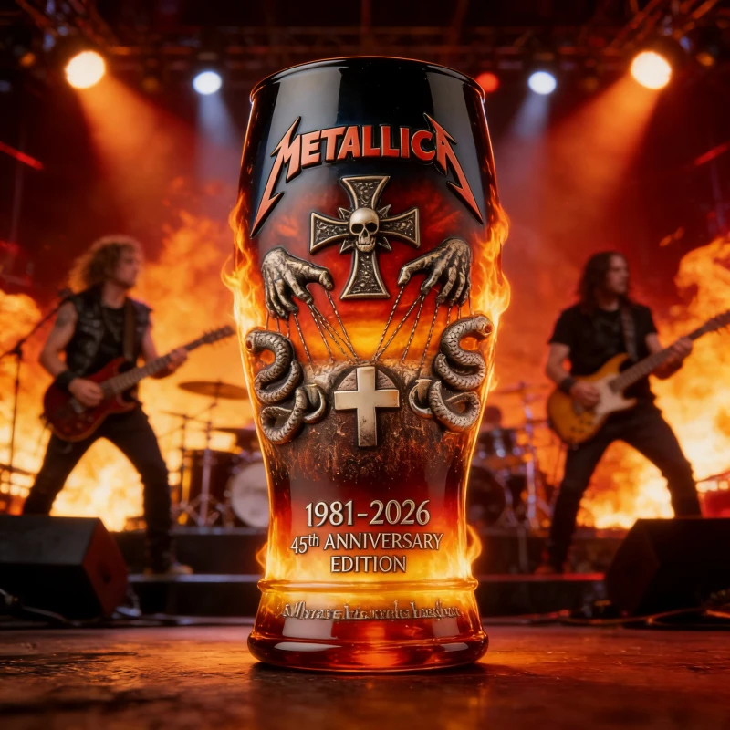 Metallica 45. Jubiläum 1981-2025 Blaues Bierglas, Heavy Metal Rock Band Sammler-Trinkbecher, 3D-Geprägter Trinkbecher