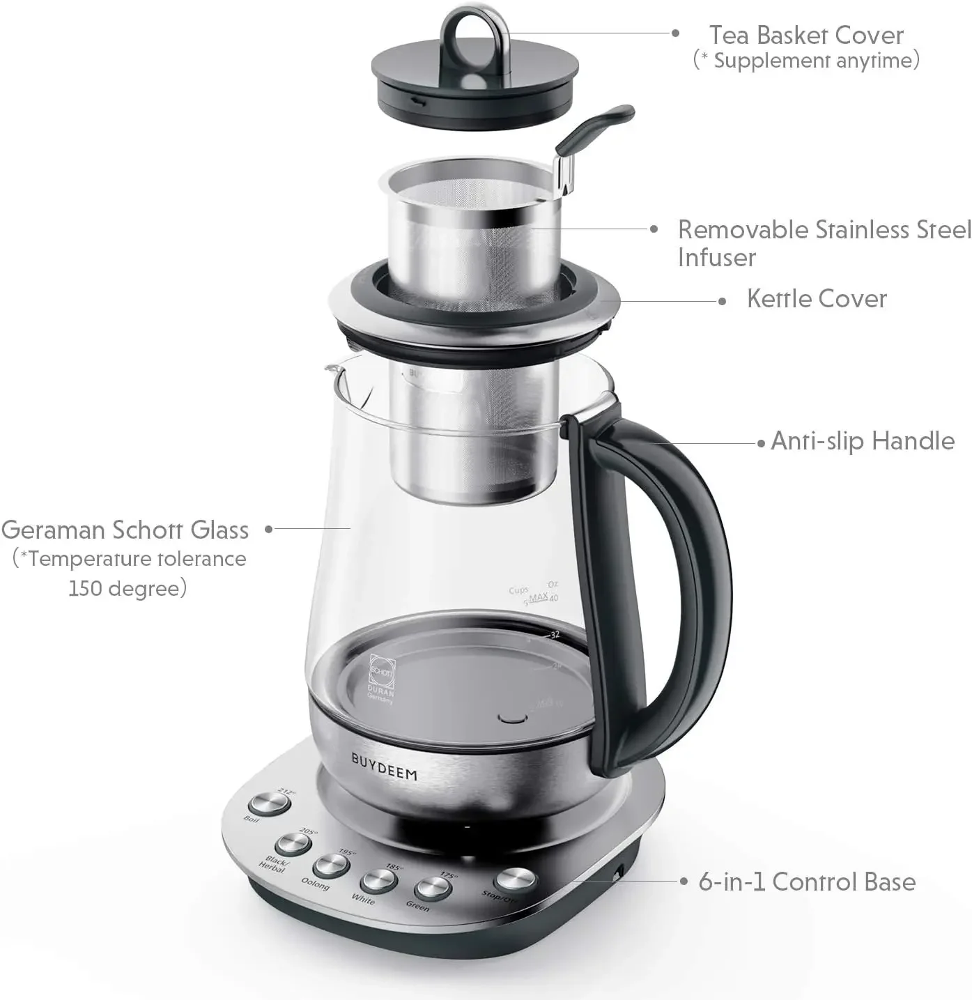 Tea Maker, Durable 316 Stainless Steel & German  Glass Electric Kettle, Removable Infuser, Auto Keep Warm