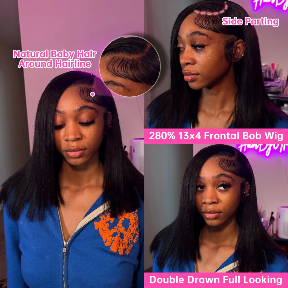 Raw Vietnamese SDD Blunt Cut Bone Straight Short Bob Wig 13x4 Lace Front Human Hair Wigs Transparent Lace Frontal Wig SDD Double Drawn Pre Plucked Silky Straight 1B Natural Colored 100% Human Hair Lac image 3
