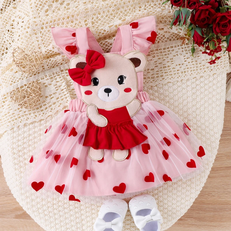 Newborn Baby Girls Clothes Sets Long Sleeve Romper + Cartoon Suspender Skirt + Headband 3pcs Outfit Set Valentine\'s Day