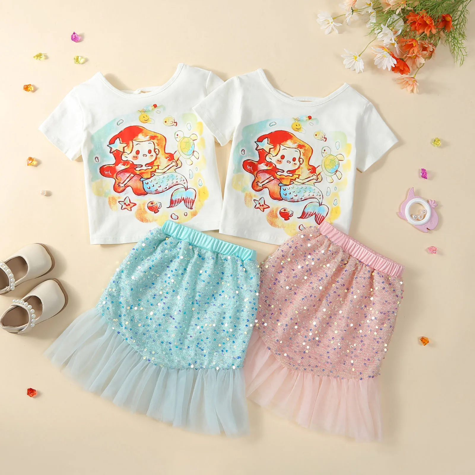 Mermaid Shirts and Skirt Set para meninas, Mermaid Pattern Shirt, Tule Tail Skirt, Adequado para férias e aniversário