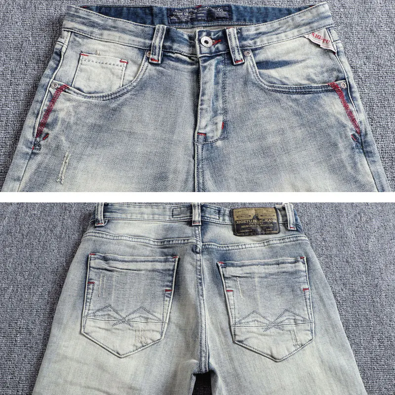 Street Fashion Men Jeans High Quality Retro Light Blue Stretch Slim Fit Ripped Jeans Men Patched Designer Vintage Denim Pants