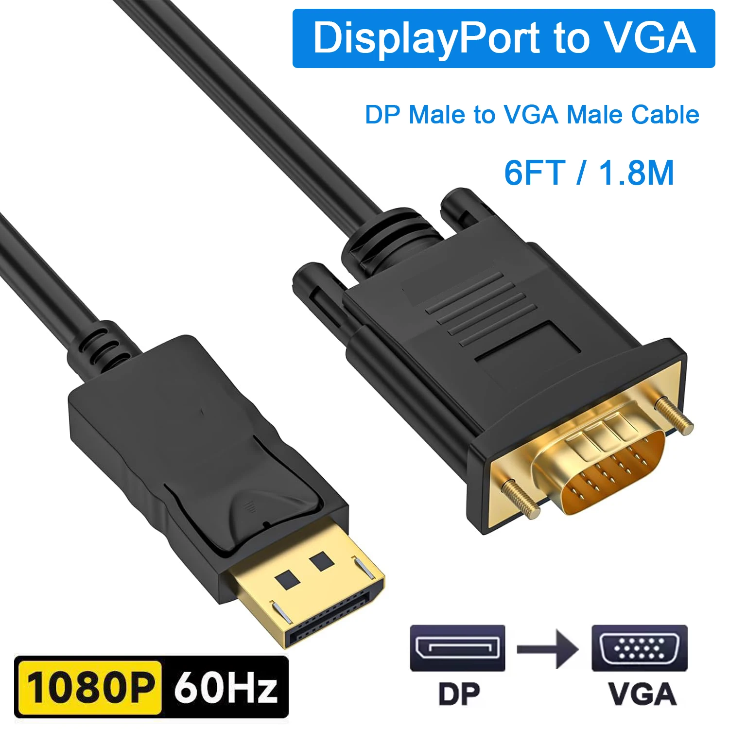 DisplayPort to VGA, VGA Adapter 6 Feet DP Cable Connects Port Desktop Laptop Monitor Projector with VGA to Displayport Adapter