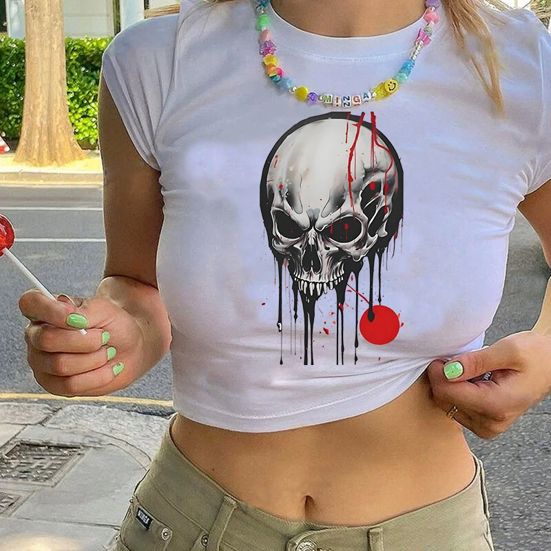 

2000s Vintage Streetwear Y2K Grunge T-shirt Fashion O Neck Short Sleeve Tees Women Creative Skull Pattern Printing Slim Crop Top