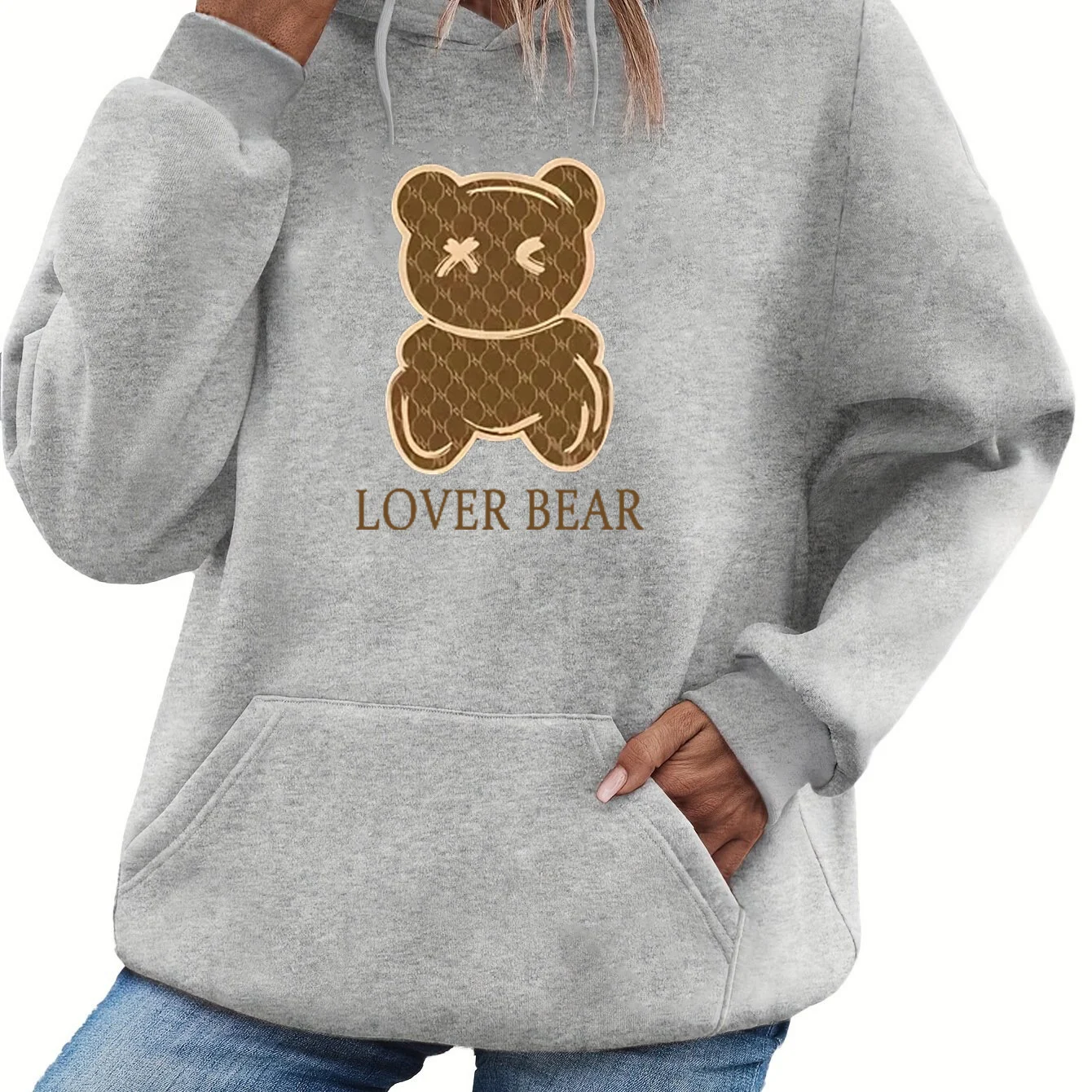 سترة نسائية للخريف والشتاء دافئة وفضفاضة كاجوال بنمط الدب الكرتوني مطبوعة مخملية بأكمام طويلة وغطاء للرأس