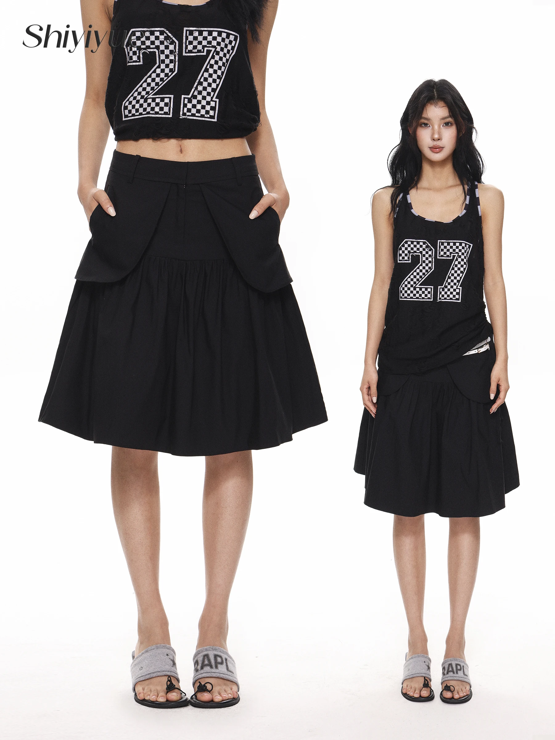 

Американская ретро-юбка черного цвета с асимметричной талией, женская летняя модель, утягивающая, со средней посадкой, А-силуэт, повседневный стиль