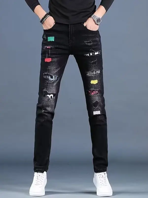 

Spring 2026 Men's Faion Skinny Jeans Tear Hole Design Comfortable Fit Casual Long Trousers Youth Trendy Sle Zipper Fly