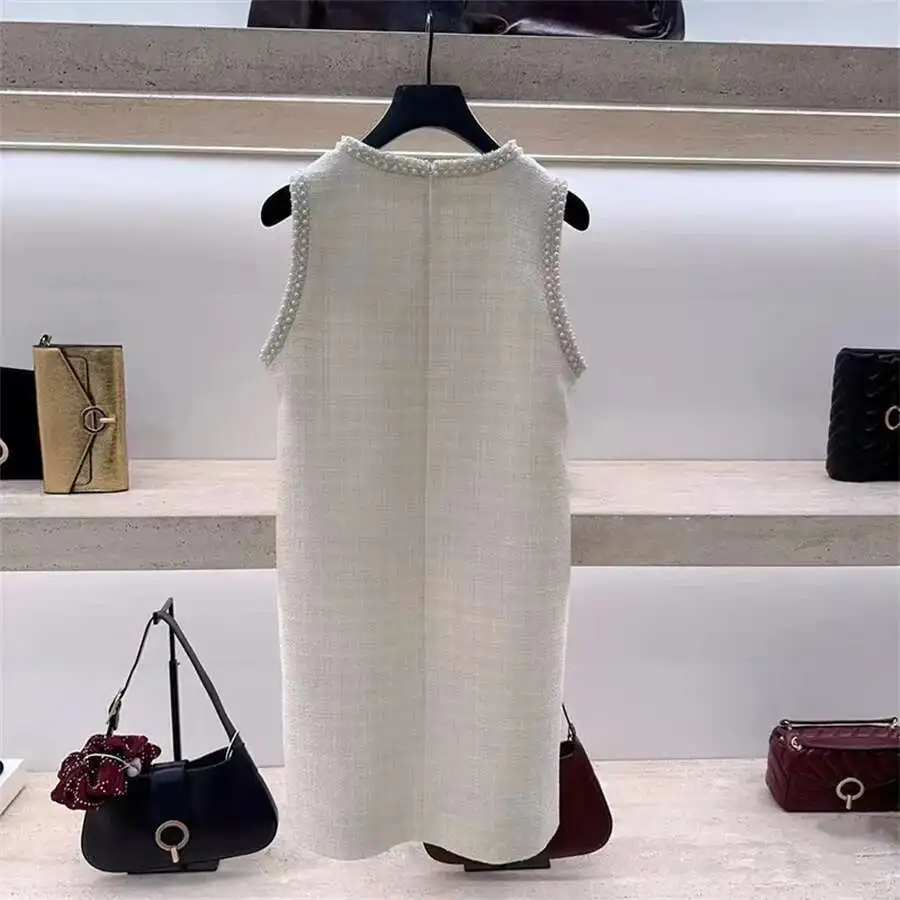 Luxury 2025 Spring Autumn White Pearls Collar Tweed Short Dress Women's Sleeveless Tank A Line Prom Evening Party  Vestidos