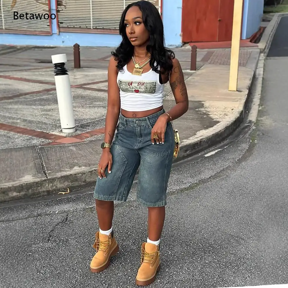 Women High Waist Loose Denim Bermuda Shorts Vintage Wash Cuffed Knee Length Jean Shorts for Streetwear Daily Outfits