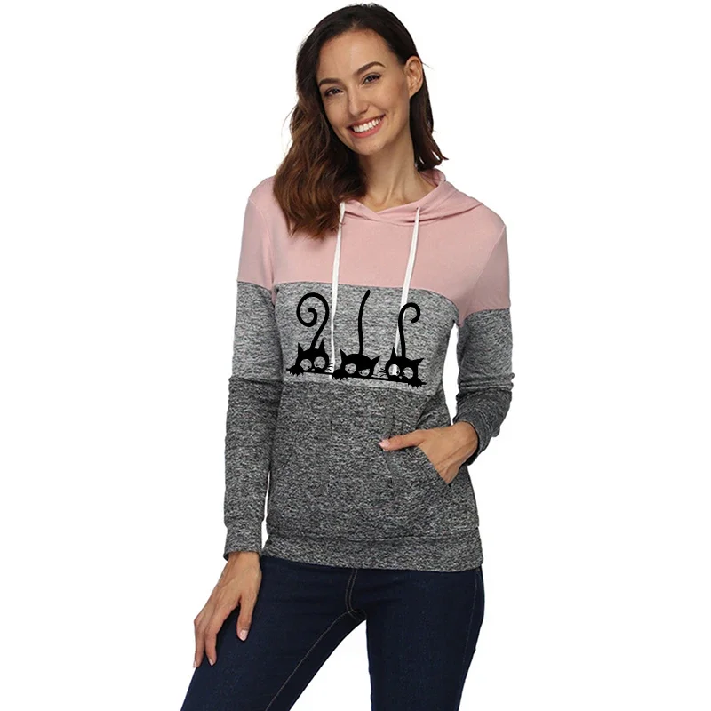 

Womens Tracksuit Cute Cat Printing Casual Hooded Sweatshirts Jogging Fitness Sport Pullover Versatile Color Block Top Clothing