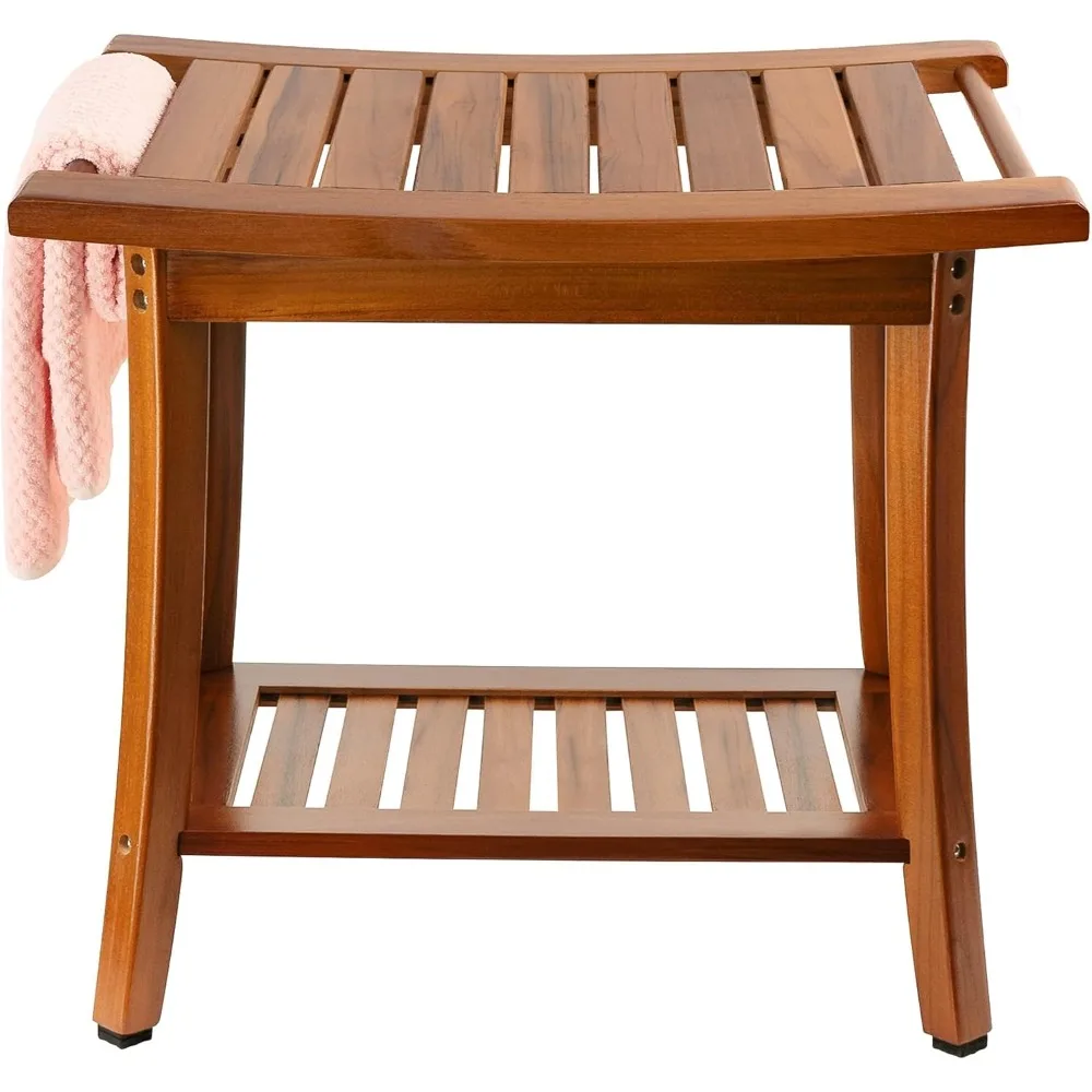 

Teak Shower Bench Seat with Handles, Portable Wooden Spa Bathing Stool with Storage Towel Shelf, 22" x 13" x 18.6", Per