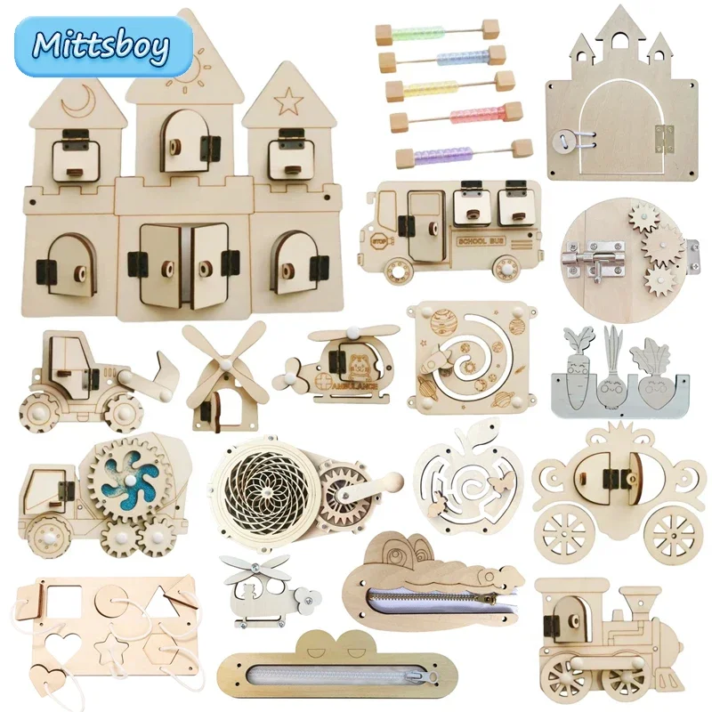 Montessori Busy Board DIY akcesoria drewniane wczesne obliczanie piłki spychacz zamek helikopter zabawka edukacyjna dla dzieci prezenty